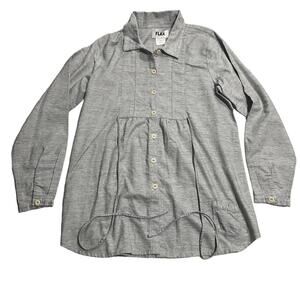 Flax Button Up Top Womens Size Small Tie Waist Gray USA Organic Cotton Lagenlook